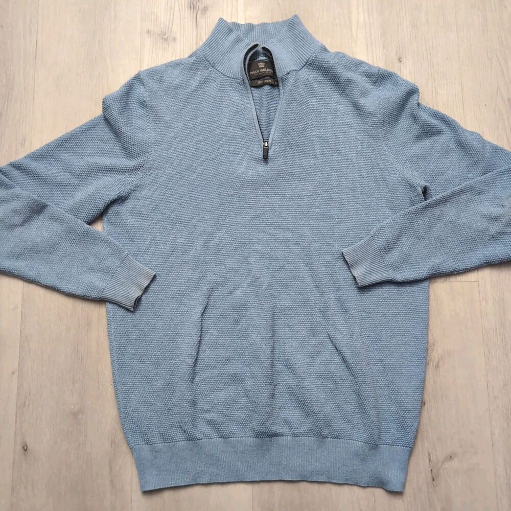 Mack Weldon Tech Linen 1/4 Zip Waffle Knit Sweater Mens Medium Blue Preppy